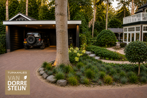 Moderne houten carport met oprit van klinkers en een groen ingerichte voortuin in Zeist