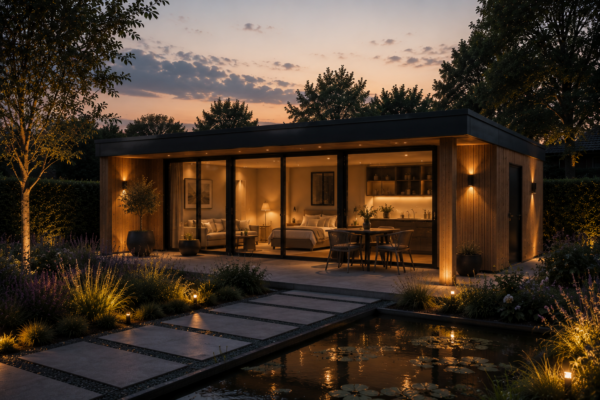 Luxe modern gastenverblijf met glazen pui en sfeerverlichting bij zonsondergang