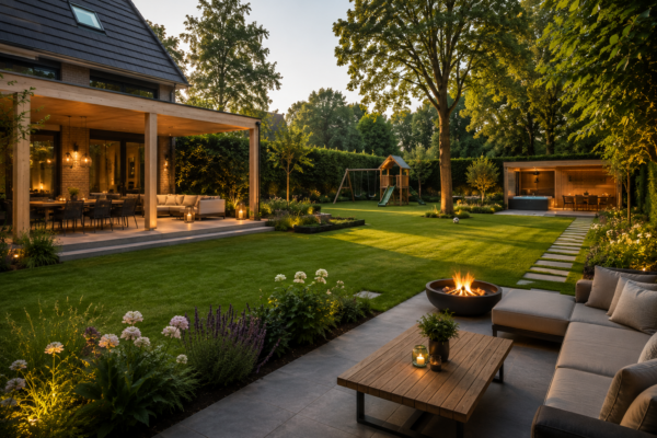 Grote moderne gezinstuin met luxe loungeterras, vuurschaal, strak gazon en speeltoestel