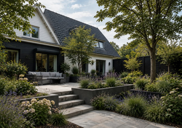 Moderne achtertuin met verhoogde plantenborders, traptreden en een luxe loungeterras bij een woning