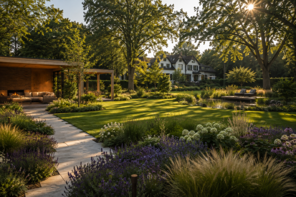 Grote landschapstuin in het Gooi met golvend gazon, weelderige borders van siergrassen en modern houten poolhouse