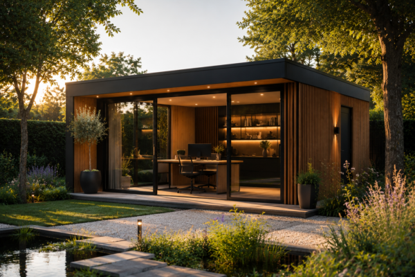 Luxe modern tuinkantoor aan het water met glazen schuifwand en sfeerverlichting