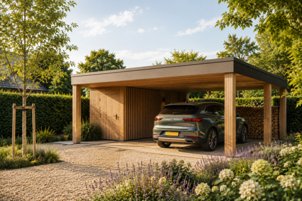 Moderne vrijstaande houten carport met berging en een geparkeerde SUV
