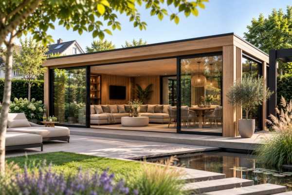 Luxe eikenhouten tuinkamer met glazen schuifwanden en sfeervolle verlichting aan een vijver