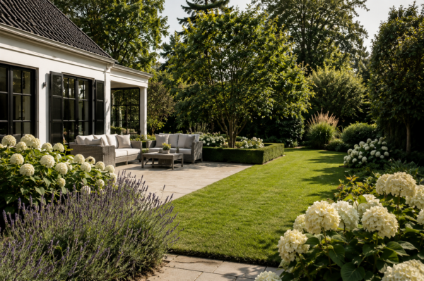 Grote klassieke achtertuin met groot gazon, luxe loungeterras, lavendel en witte hortensia borders