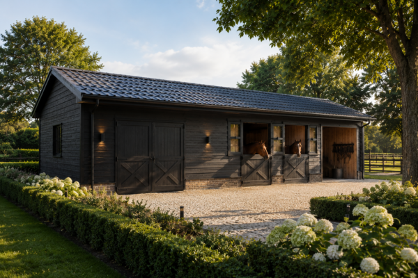 Luxe zwarte houten tuinschuur met paardenstallen bij een paardenmanege