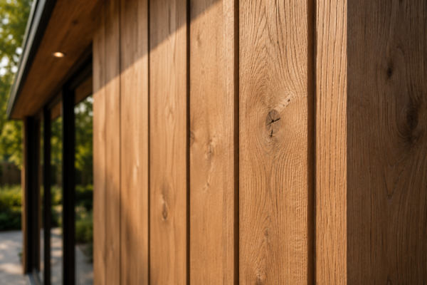 Moderne houten veranda met hoogwaardige houtafwerking en glazen pui