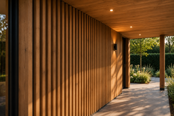 Luxe warme houten veranda met exclusieve maatwerk wandafwerking van verticale latten