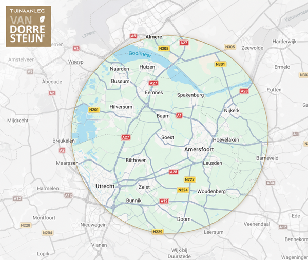 Kaart van het werkgebied voor tuinaanleg in de regio Amersfoort, Utrecht, Soest en Het Gooi